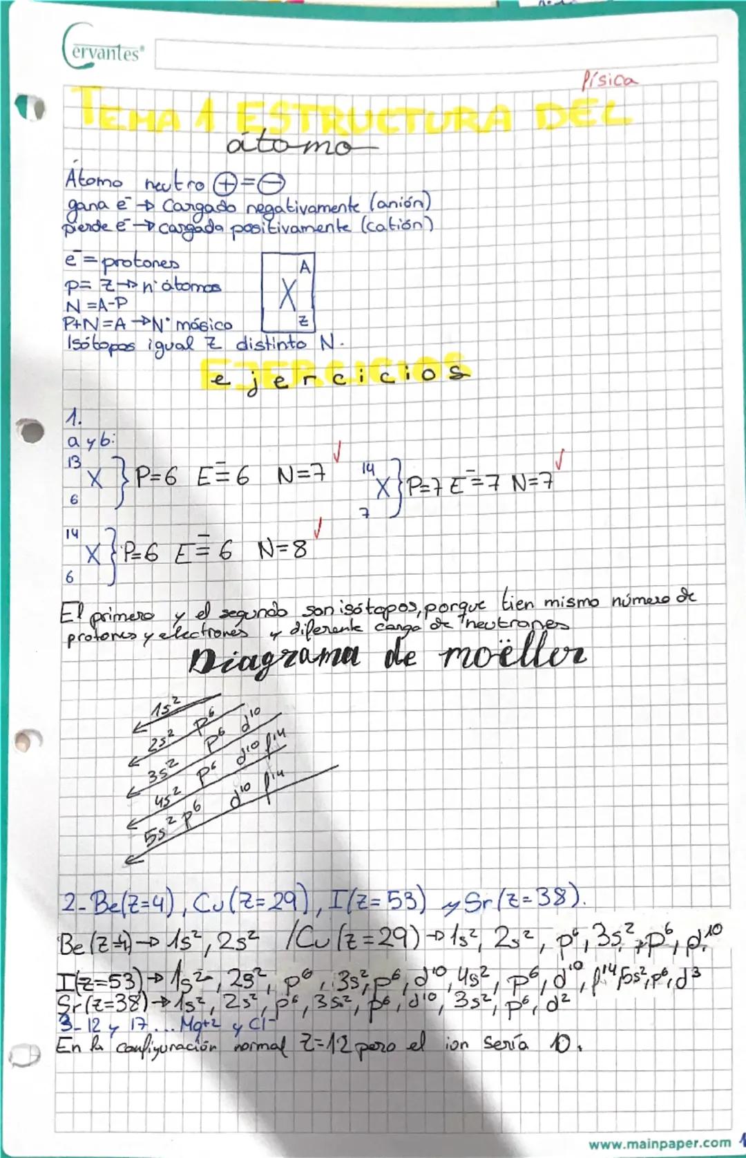 Cervantes
# TEMA 1 ESTRUCTURA DEL
## átomo
Átomo neutro $\oplus = \ominus$
gana e $\rightarrow$ Cargado negativamente (anión)
Pierde e $\r