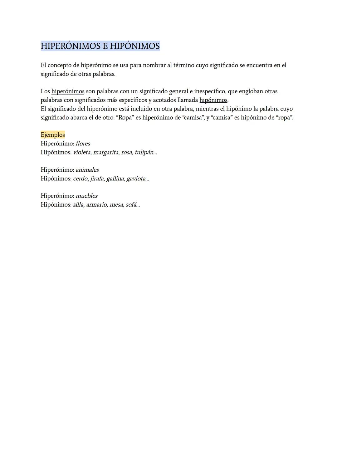 Hiperónimos e hipónimos.
