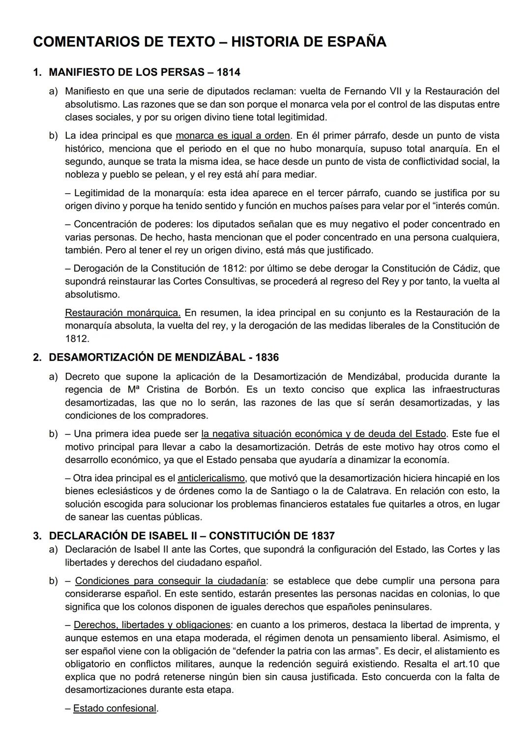 # COMENTARIOS DE TEXTO - HISTORIA DE ESPAÑA
1. MANIFIESTO DE LOS PERSAS - 1814
a) Manifiesto en que una serie de diputados reclaman: vuelt