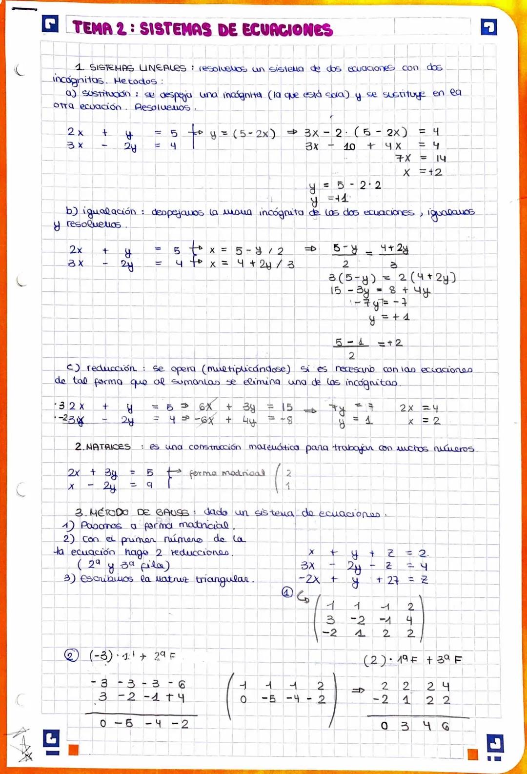 C
TEMA 2: SISTEMAS DE ECUACIONES
1. SISTEMAS LINEALES: resolvellos un sistema de dos ecuaciones
incógnitas. He todos:
a) sustitución : se de