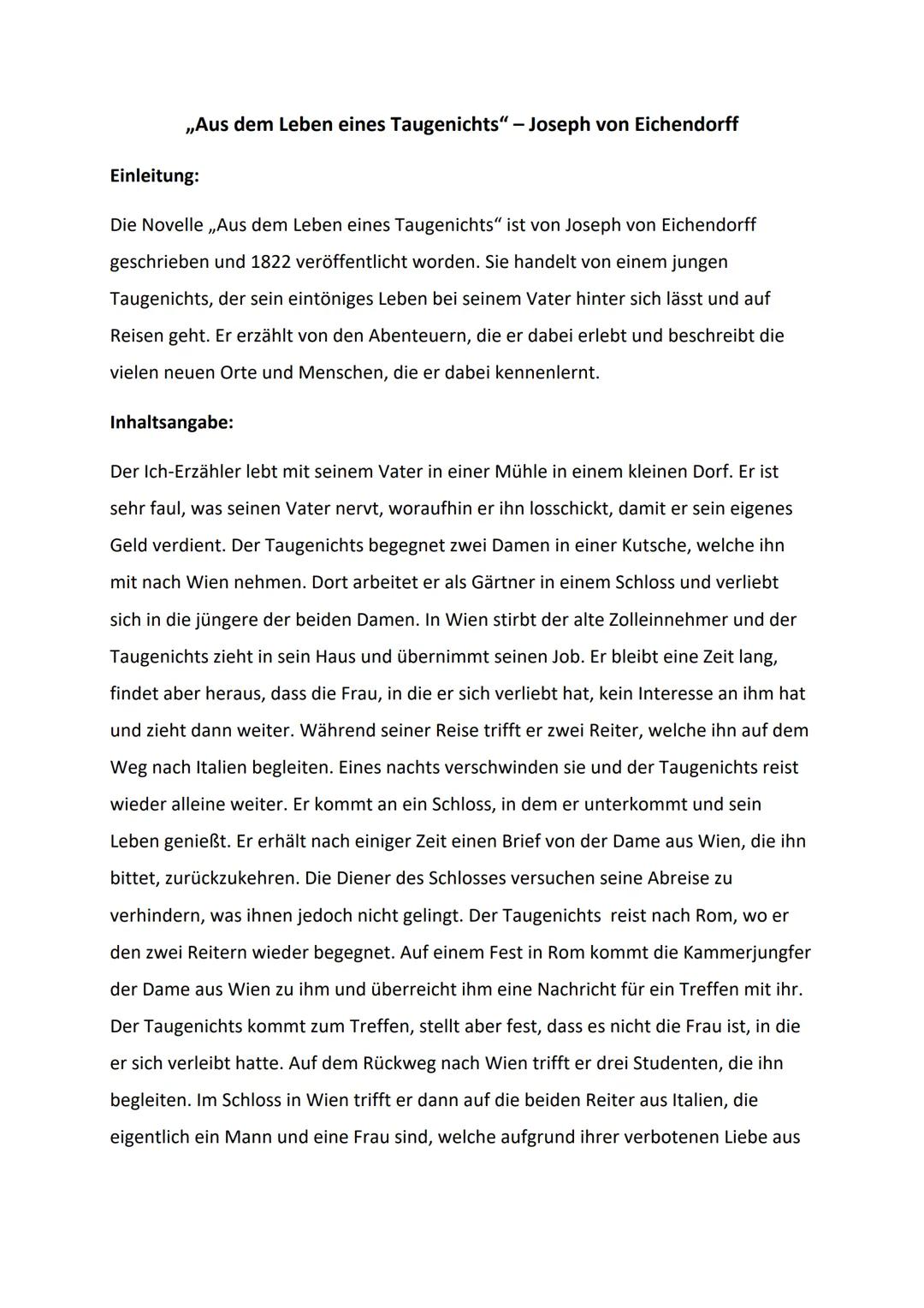 # „Aus dem Leben eines Taugenichts" - Joseph von Eichendorff
Einleitung:
Die Novelle „Aus dem Leben eines Taugenichts" ist von Joseph von