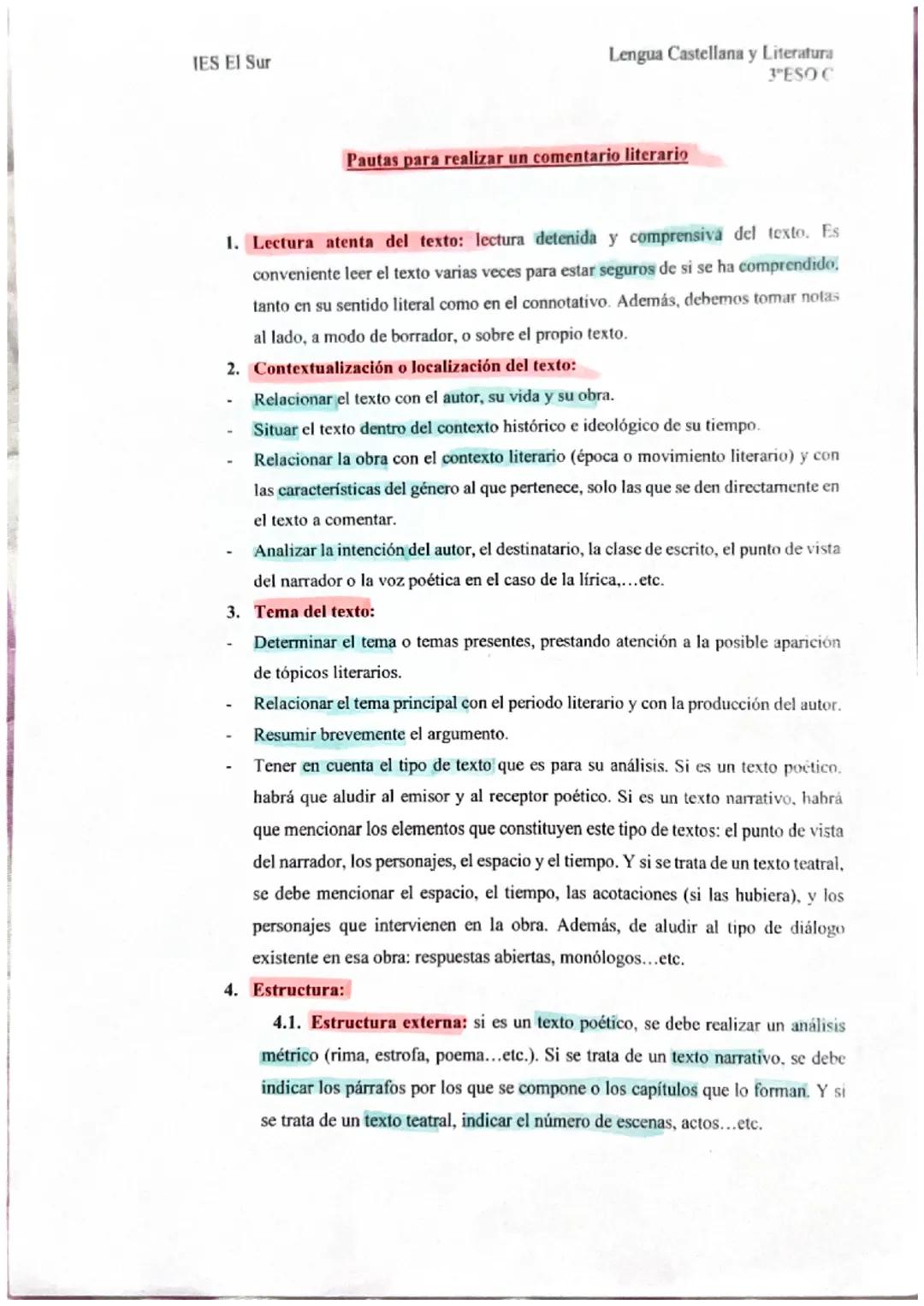IES El Sur
Lengua Castellana y Literatura
3ºESO C
Pautas para realizar un comentario literario
1. Lectura atenta del texto: lectura detenida