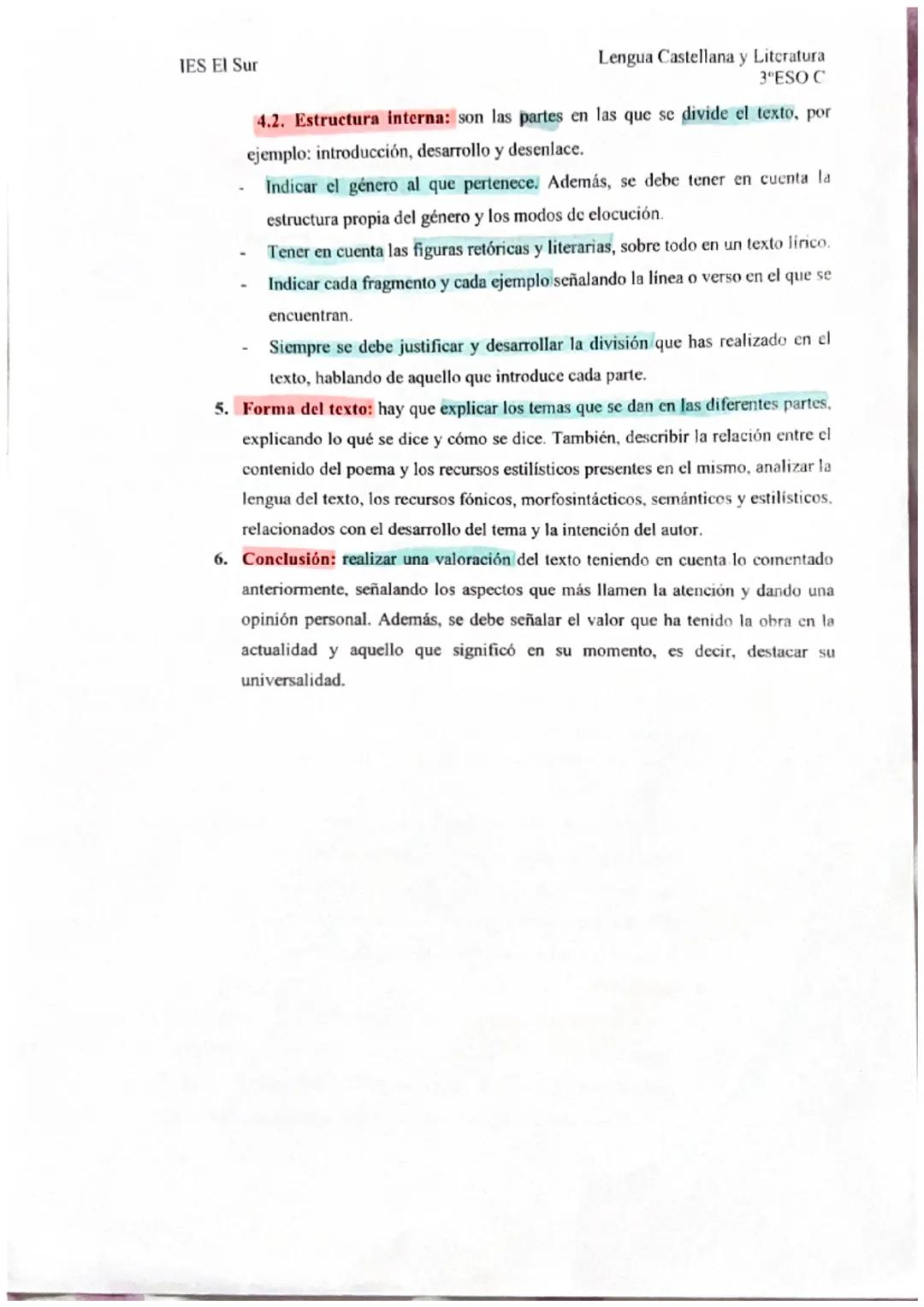 IES El Sur
Lengua Castellana y Literatura
3ºESO C
Pautas para realizar un comentario literario
1. Lectura atenta del texto: lectura detenida