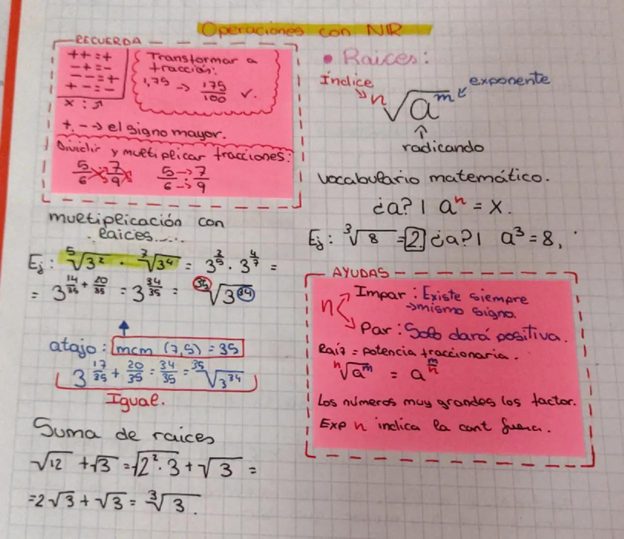 1Operaciones con NIR
RECUERDA
+
Transformar a
tracción:
Raices:
Indice
n
1,75 -> 125 V.
--> el signo mayor.
Diviclir
y multiplicar fraccione