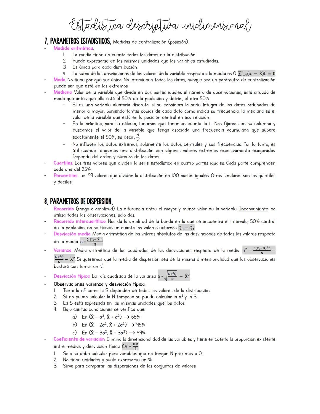 Estadistica descriptiva unidimensional
7. PARAMETROS ESTADISTICOS, Medidas de centralización (posición).
Medida aritmética.
1
La media tiene