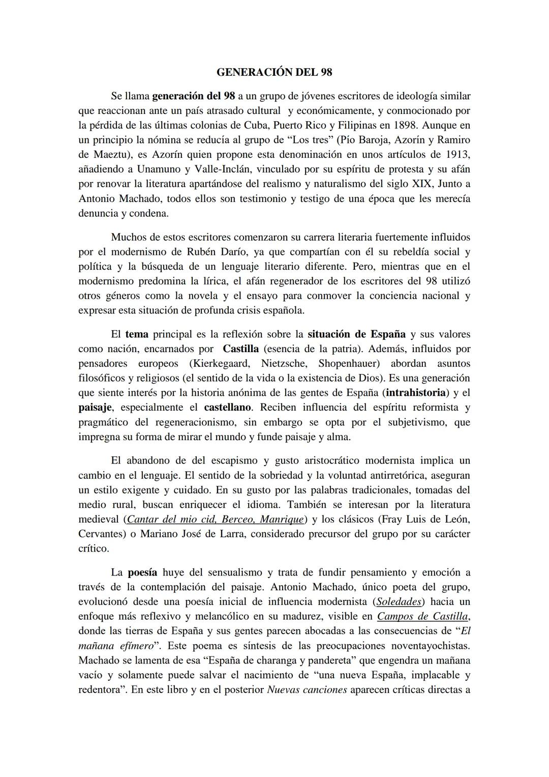 GENERACIÓN DEL 98
Se llama generación del 98 a un grupo de jóvenes escritores de ideología similar
que reaccionan ante un país atrasado cult