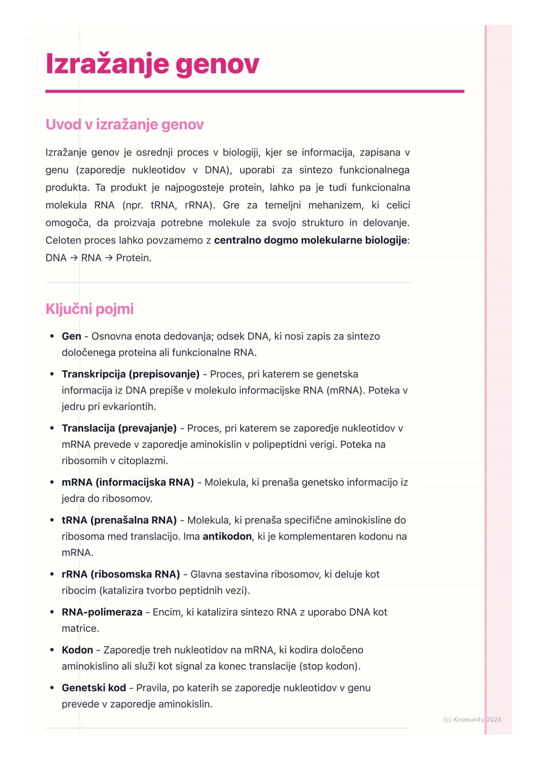 # Izražanje genov
Uvod v izražanje genov
Izražanje genov je osrednji proces v biologiji, kjer se informacija, zapisana v
genu (zaporedje n