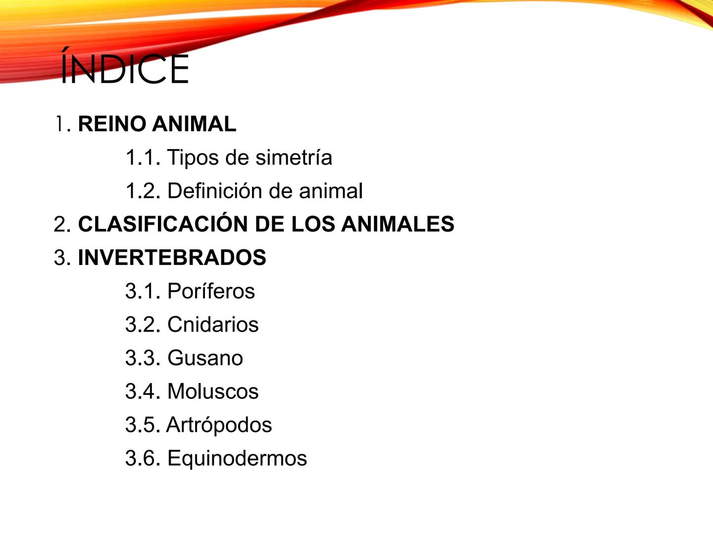 # U.D. 3: EL REINO ANIMAL: LOS INVERTEBRADOS # ÍNDICE
1. REINO ANIMAL
1.1. Tipos de simetría
1.2. Definición de animal
2. CLASIFICA