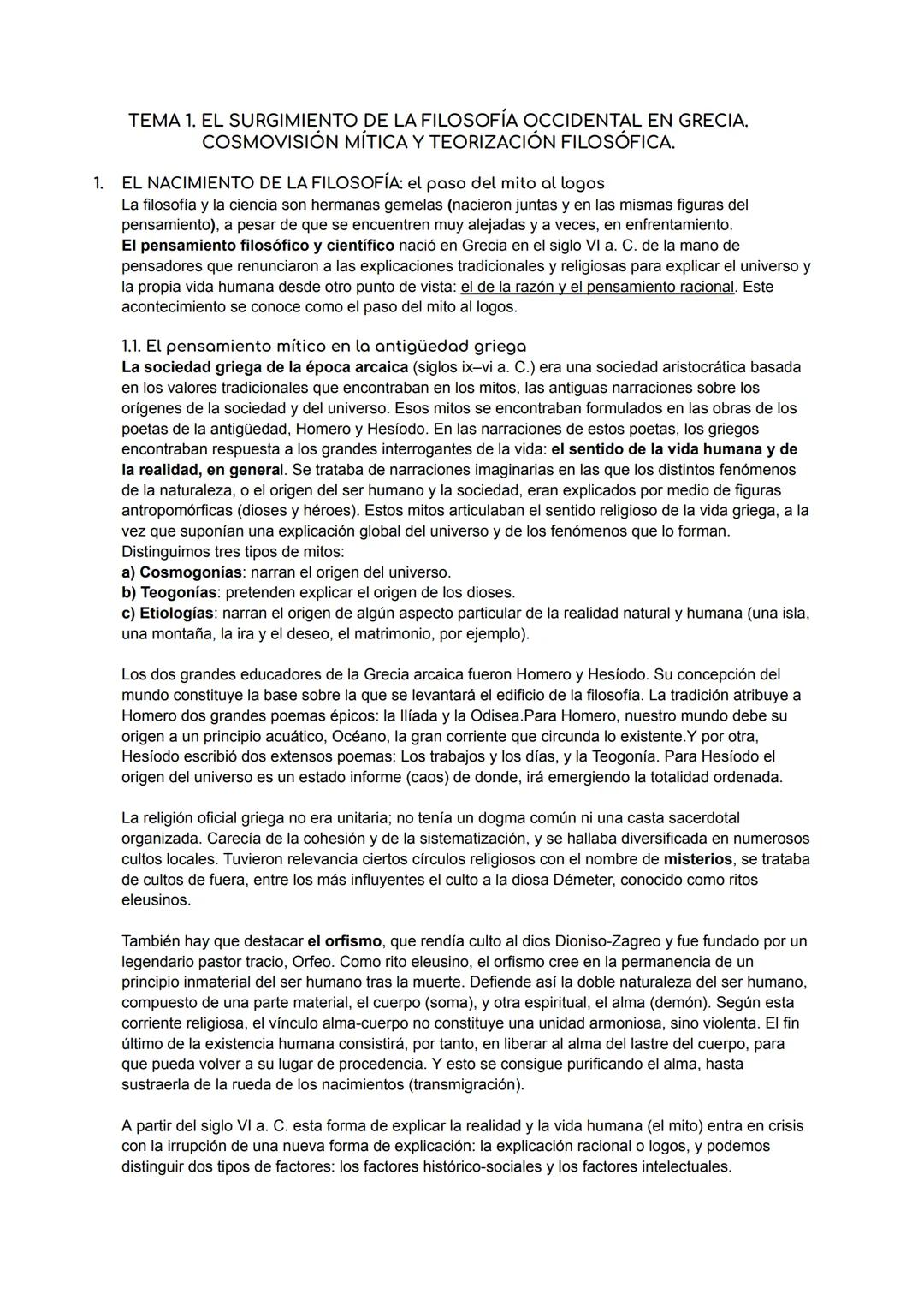 TEMA 1. EL SURGIMIENTO DE LA FILOSOFÍA OCCIDENTAL EN GRECIA.
COSMOVISIÓN MÍTICA Y TEORIZACIÓN FILOSÓFICA.
1. EL NACIMIENTO DE LA FILOSOFÍA: