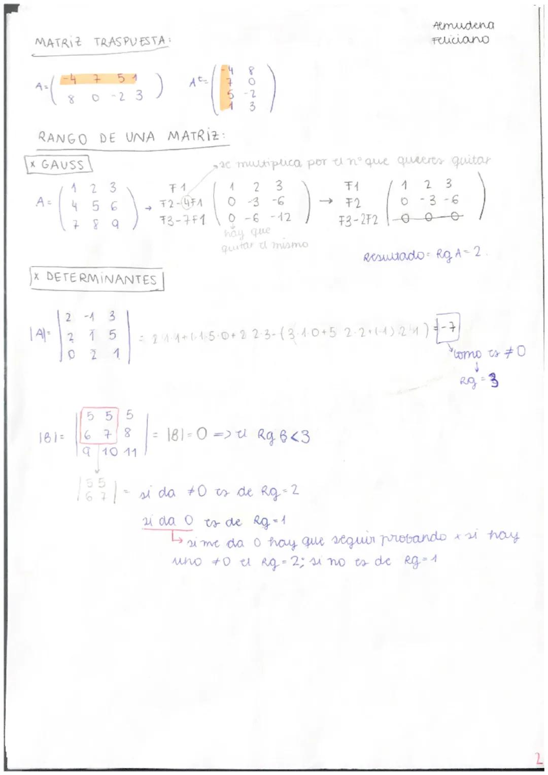 MATRIZ TRASPUESTA:
A=
A =
51
8 0-23
7
RANGO DE UNA MATRIZ:
* GAUSS
181 =
1
23
456
789
X DETERMINANTES
2
141 = 2
0
-13
1 5
2 1
555
67
8
9 10