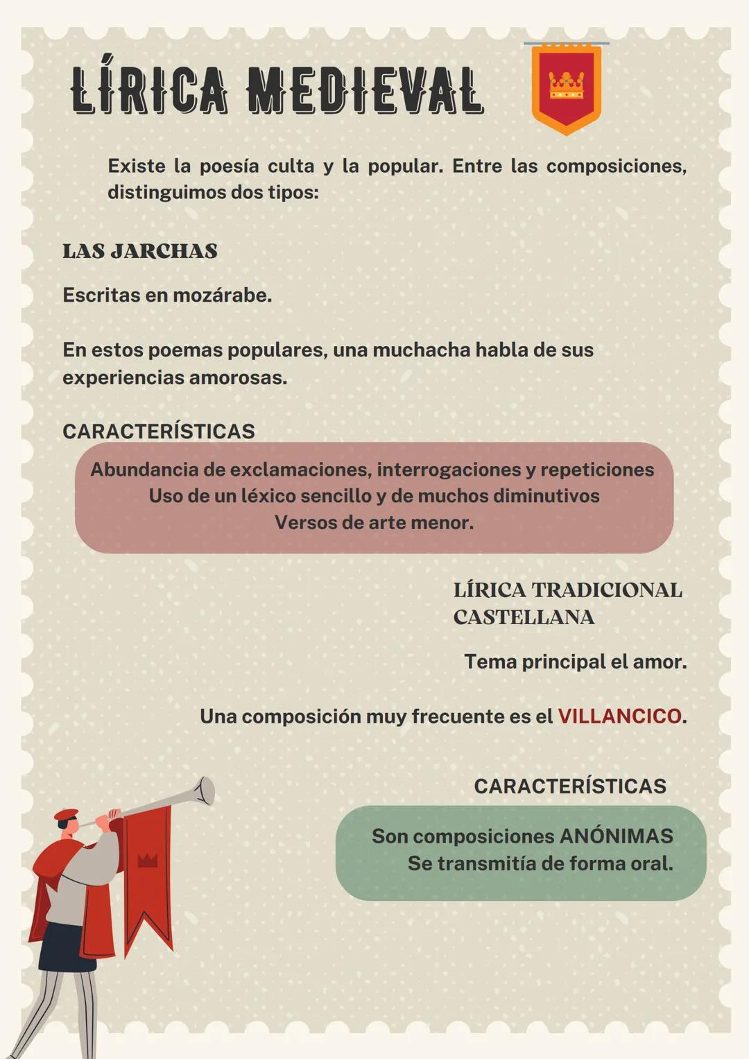 # LÍRICA MEDIEVAL
Existe la poesía culta y la popular. Entre las composiciones,
distinguimos dos tipos:
LAS JARCHAS
Escritas en mozárabe.