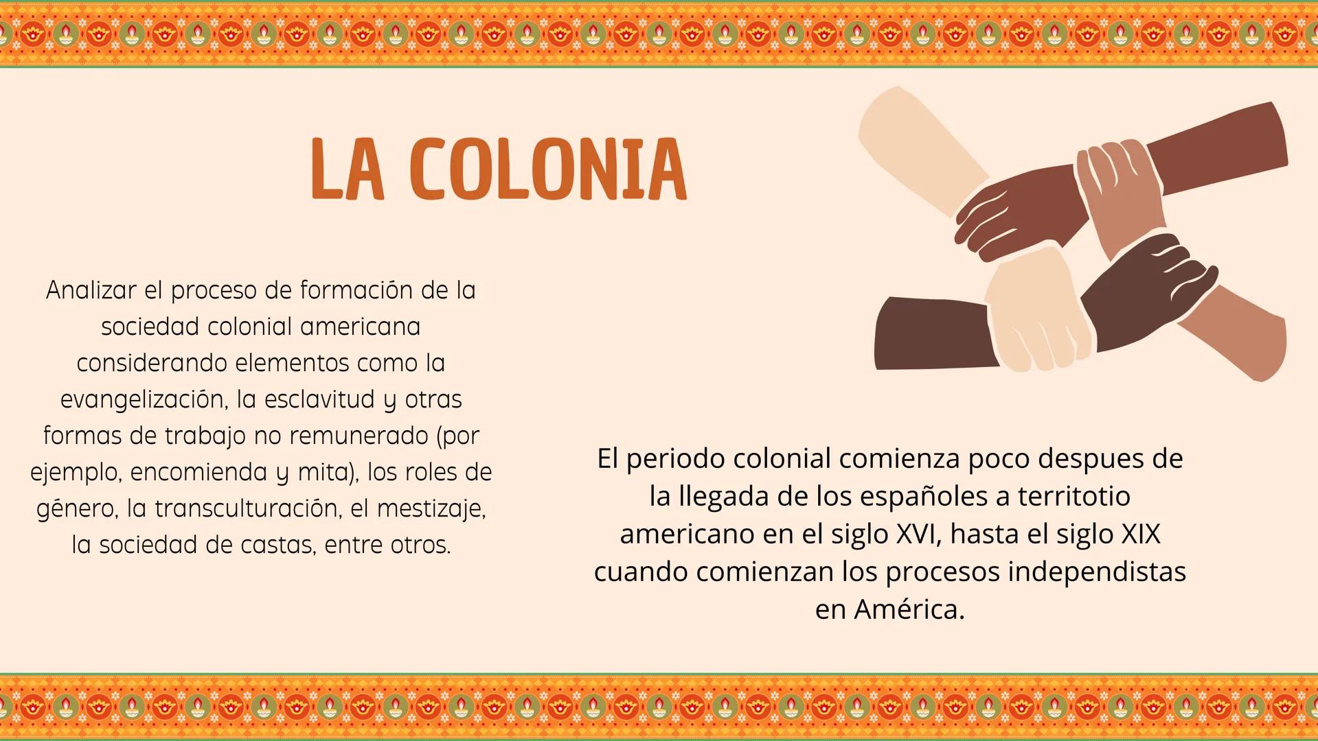 PERIODO COLONIAL
EN CHILE Y AMÉRICA
LUMEVIDERU
CRISTIANOCOME
DERO DE
IISDESTER
Ω LA COLONIA
Analizar el proceso de formación de la
sociedad
