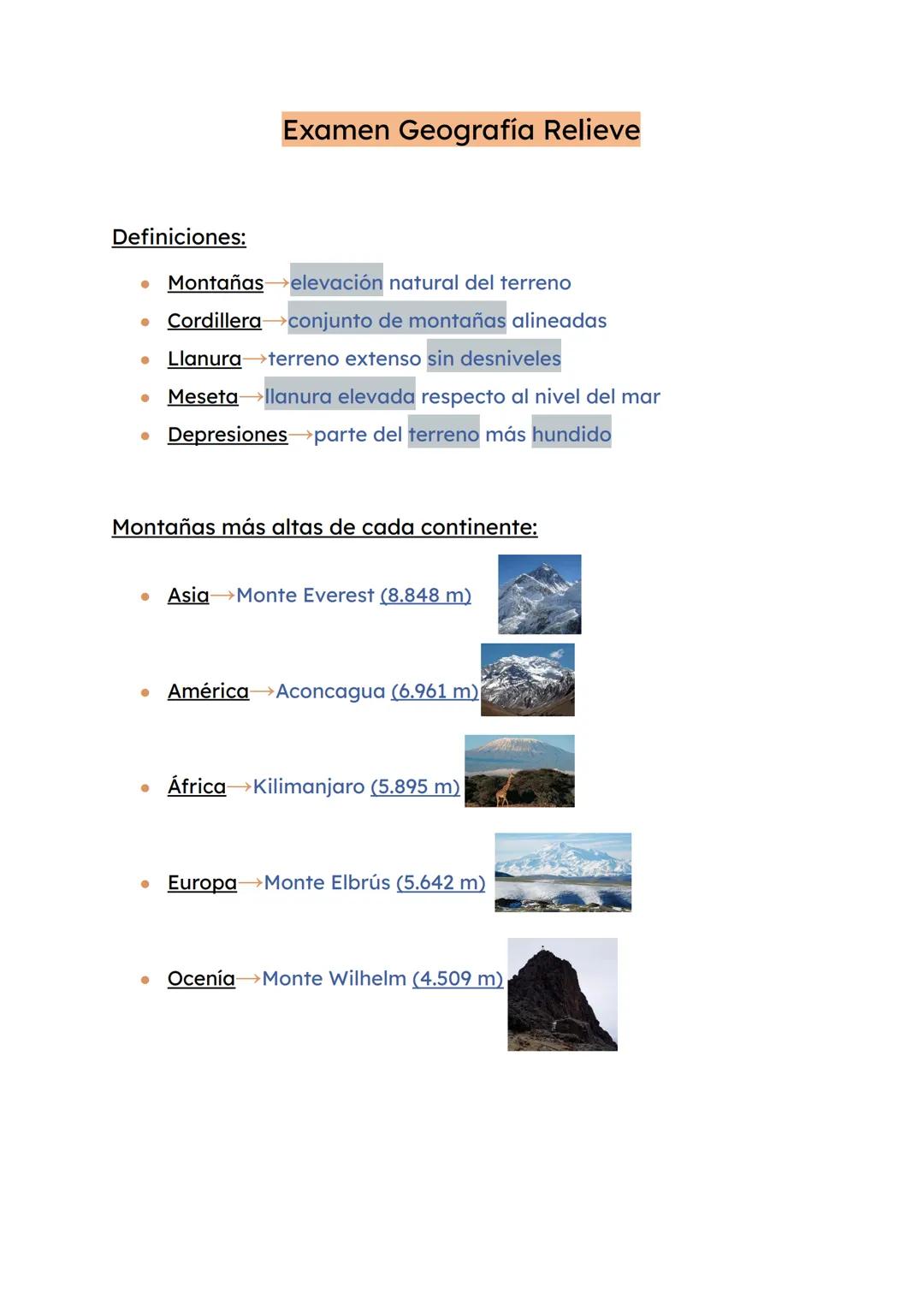Definiciones:
● Montañas
elevación natural del terreno
Cordillera conjunto de montañas alineadas
Llanura terreno extenso sin desniveles
Mese
