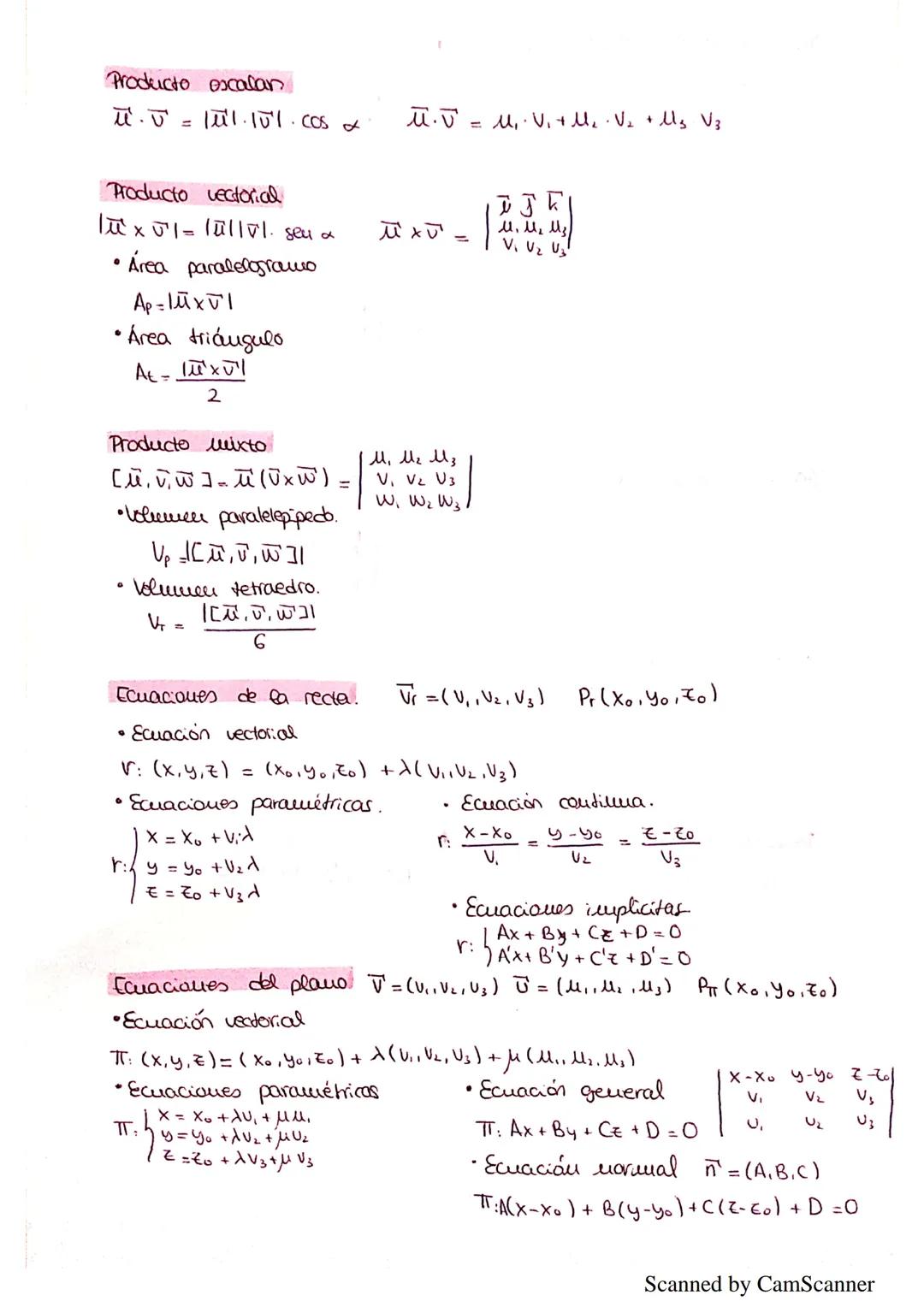 Producto escalan
ū.v
=
Producto vectorial
Tux0²|=|ul|vl. seu a
• Área paralelogramo
Ap-luxV²1
• Área triángulo
At luxul
0
11.101.cOS
Product
