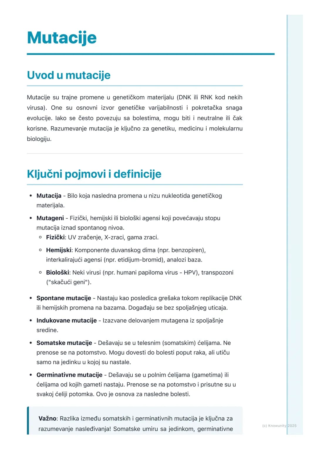 # Mutacije
## Uvod u mutacije
Mutacije su trajne promene u genetičkom materijalu (DNK ili RNK kod nekih
virusa). One su osnovni izvor gene