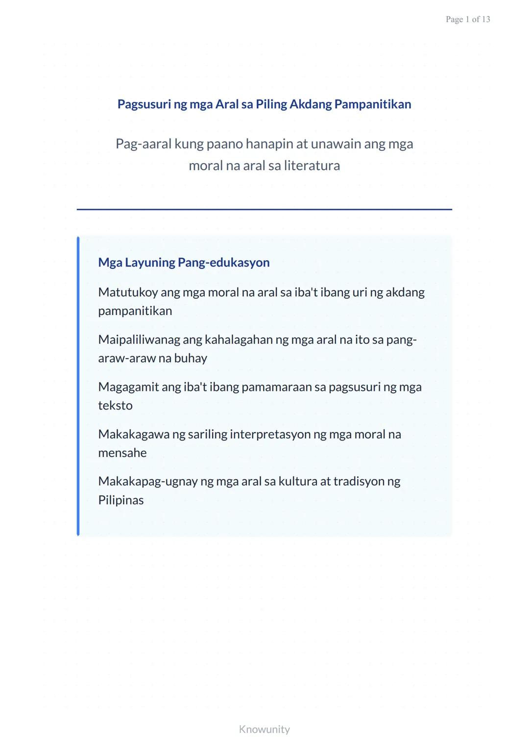 # Pagsusuri ng mga Aral sa Piling Akdang Pampanitikan
Pag-aaral kung paano hanapin at unawain ang mga moral na aral sa literatura
## Mga L
