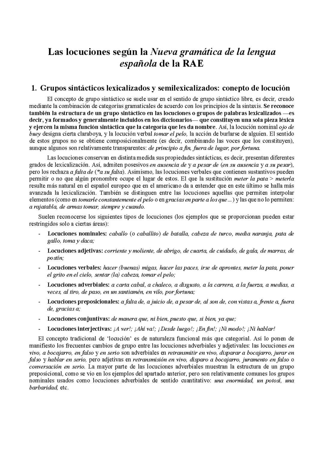 Las locuciones según la Nueva gramática de la lengua española de la RAE