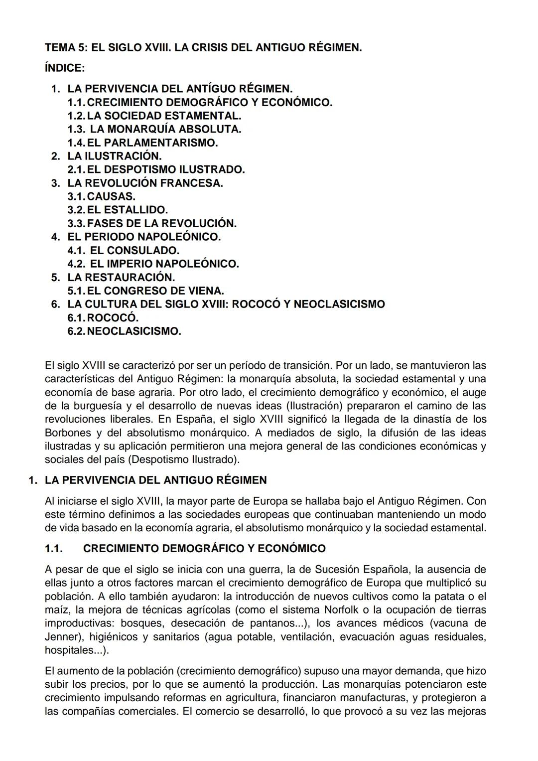 TEMA 5: EL SIGLO XVIII. LA CRISIS DEL ANTIGUO RÉGIMEN.
ÍNDICE:
1. LA PERVIVENCIA DEL ANTIGUO RÉGIMEN.
1.1. CRECIMIENTO DEMOGRÁFICO Y ECONÓMI