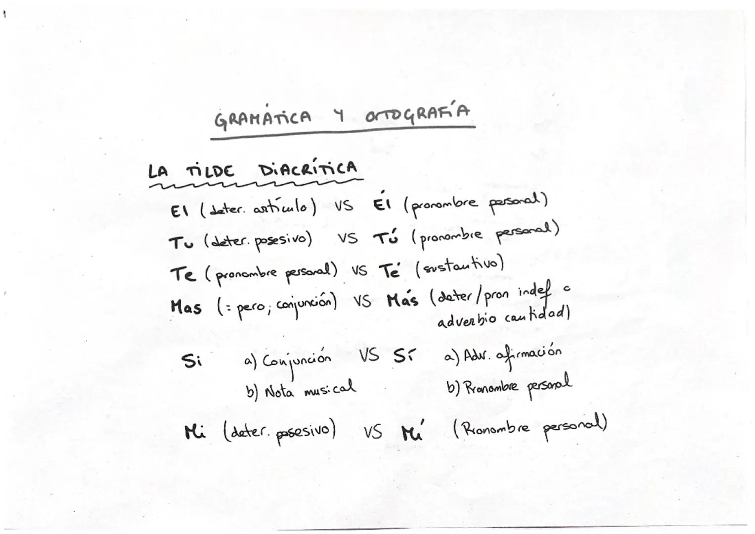 1
GRAMÁTICA Y OTOGRAFÍA
LA TILDE DIACRITICA
El (dater. artículo) vs El (pronombre personal)
Tu (deter. posesivo) vs Tú (pronombre person