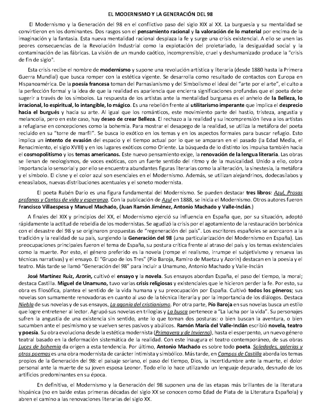 Modernismo y generación del 98 resumen
