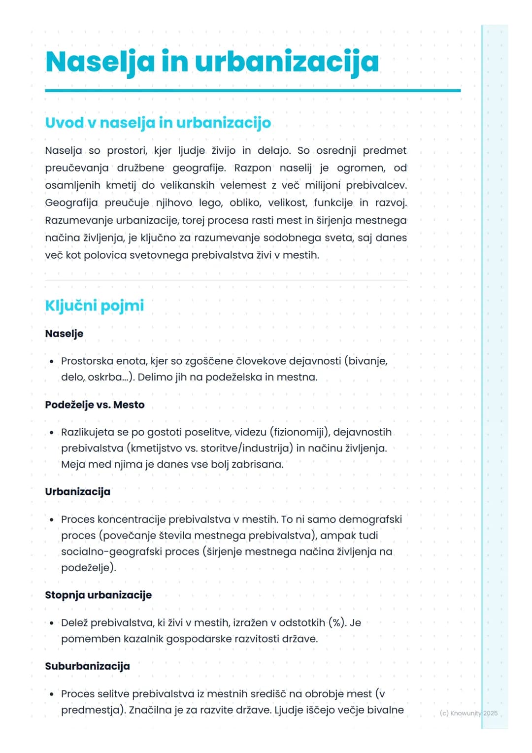 # Naselja in urbanizacija
## Uvod v naselja in urbanizacijo
Naselja so prostori, kjer ljudje živijo in delajo. So osrednji predmet
preučev