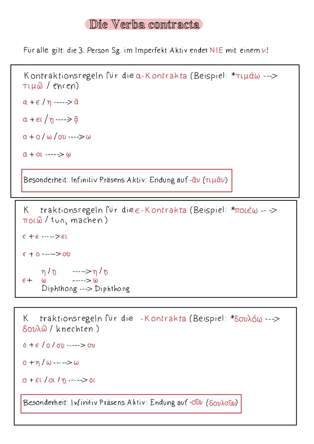 # Die Verba contracta
Für alle gilt: die 3. Person Sg. im Imperfekt Aktiv endet NIE mit einem v!
Kontraktionsregeln für die a-Kontrakta (B