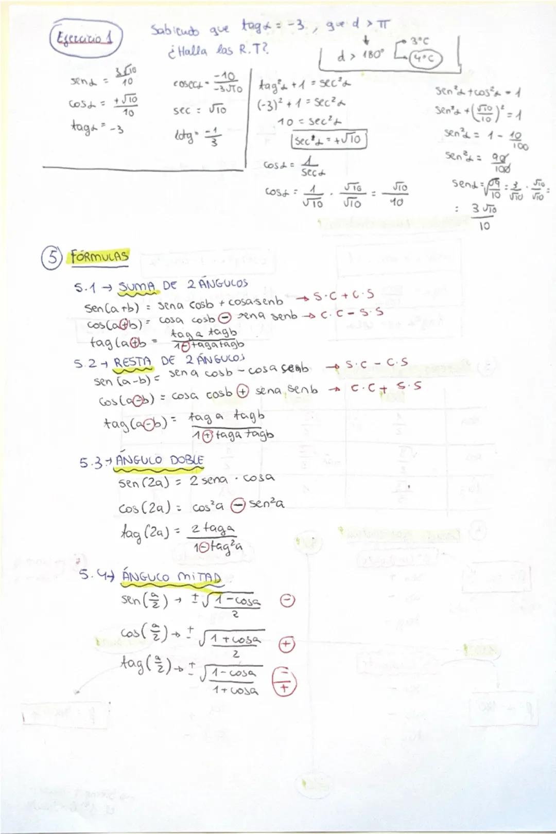# Ejercicio 1
Sabiedo que $tag\alpha = -3$, $y$ $d > \pi$
¿Halla los R.T?
$sen\alpha = \frac{3}{10}$
$cos\alpha = \frac{+\sqrt{10}}{10}$
$ta