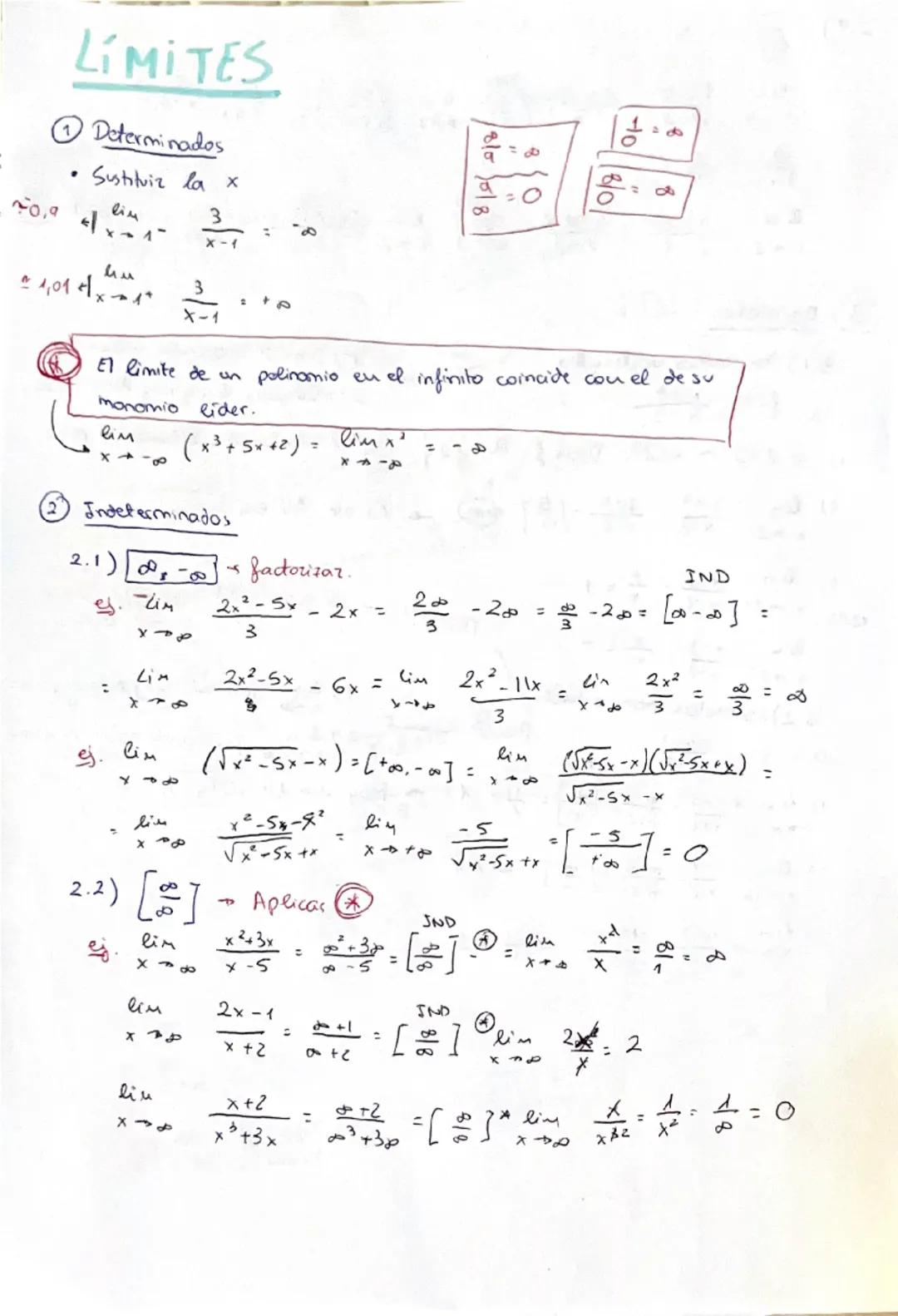 LÍMITES
1 Determinados
• Sustituiz la x
$\lim_{x \to 0,9} \frac{3}{x-1} = -∞$
$\lim_{x \to 1,01} \frac{3}{x-1} = +∞$
El limite de un polin