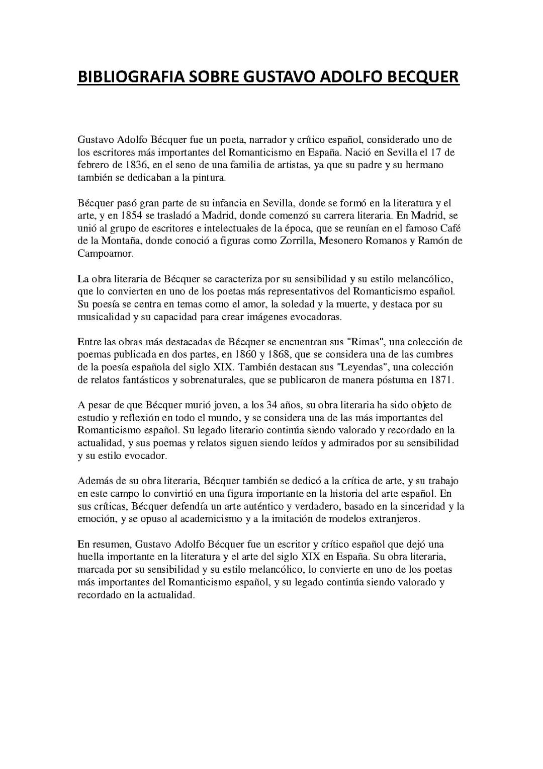 BIOGRAFIA E HISTORIA GUSTAVO ADOLFO BECQUER