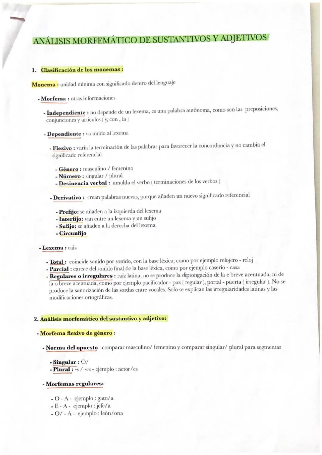 ANÁLISIS MORFEMÁTICO DE SUSTANTIVOS Y ADJETIVOS
1. Clasificación de los monemas:
Monema: unidad mínima con significado dentro del lenguaje
-