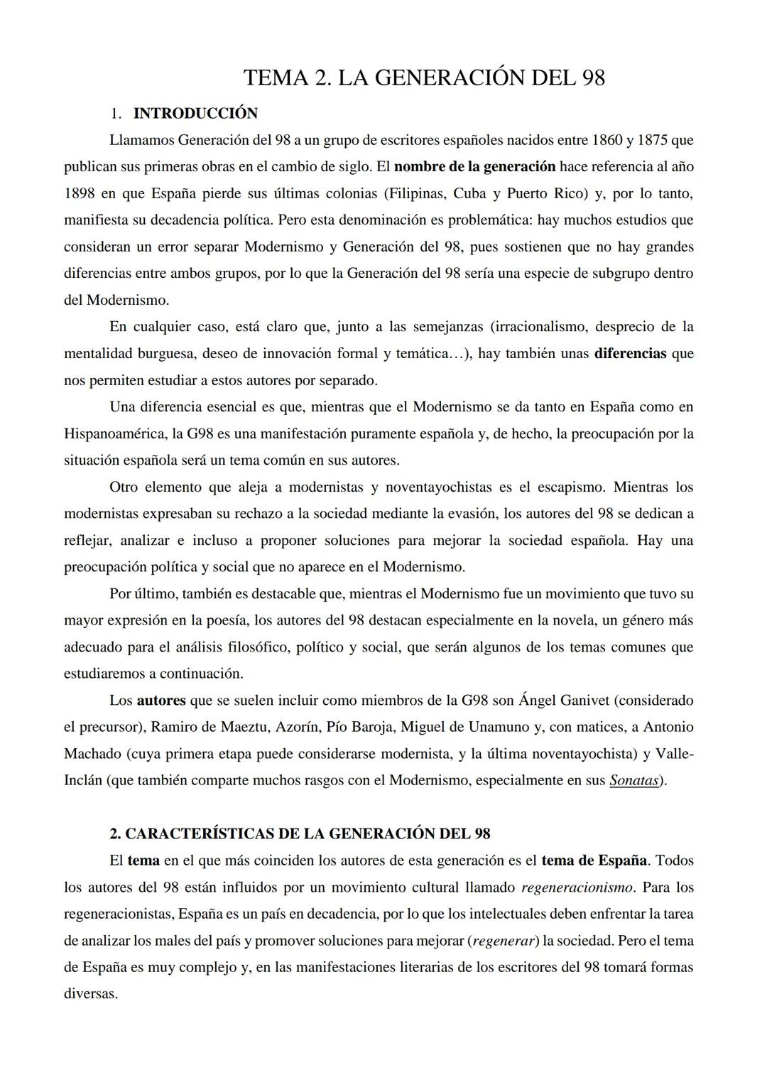 # TEMA 2. LA GENERACIÓN DEL 98
1. INTRODUCCIÓN
Llamamos Generación del 98 a un grupo de escritores españoles nacidos entre 1860 y 1875 que