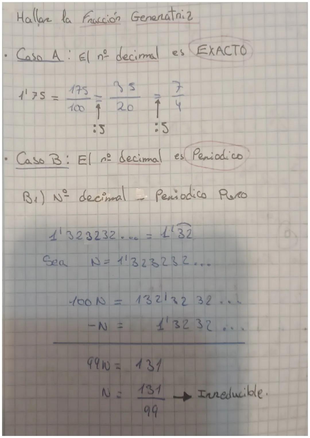 Hallar la Fracción Generatriz
• Coso A El nº decirmal es EXACTO
.
1'75 =
175
35
20
Sea
1'323232...
1
:5
Caso B: El nº decimal es Periodico
B