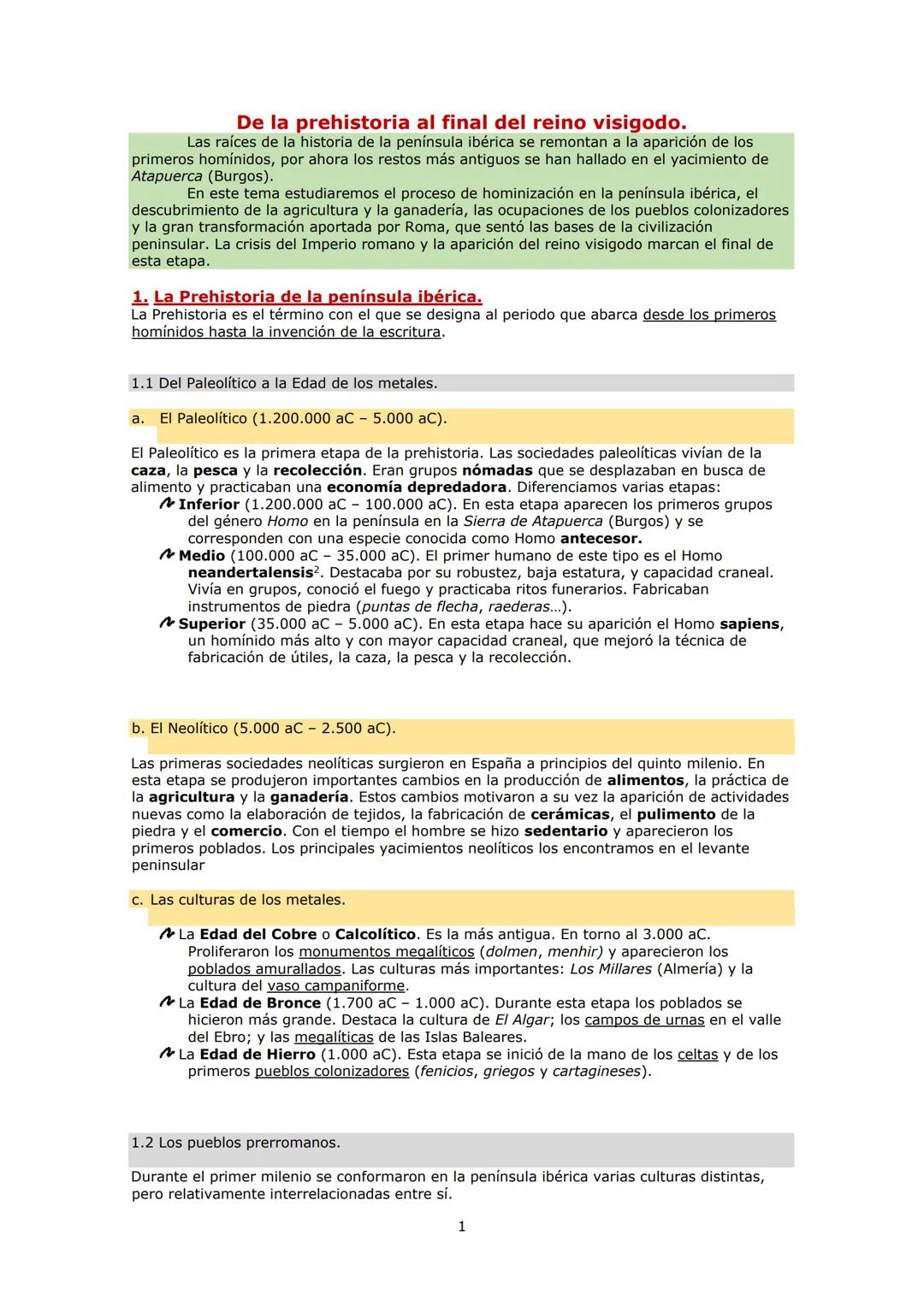 De la prehistoria al final del reino visigodo.
Las raíces de la historia de la península ibérica se remontan a la aparición de los
primeros