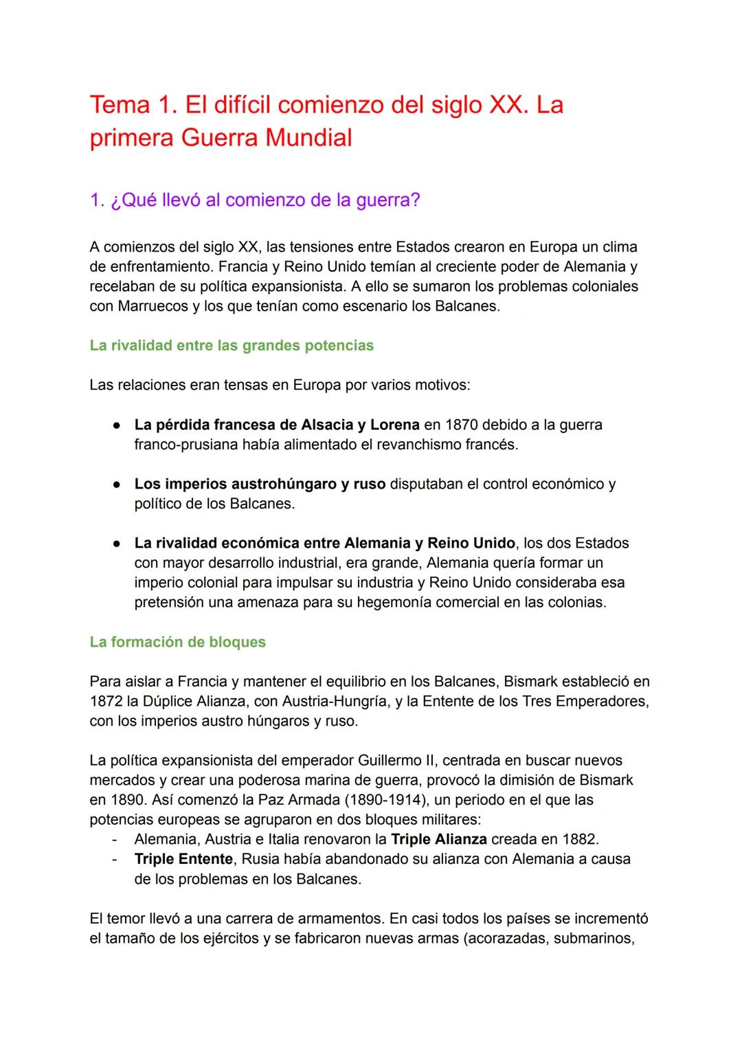 # Tema 1. El difícil comienzo del siglo XX. La
primera Guerra Mundial
1. ¿Qué llevó al comienzo de la guerra?
A comienzos del siglo XX, la