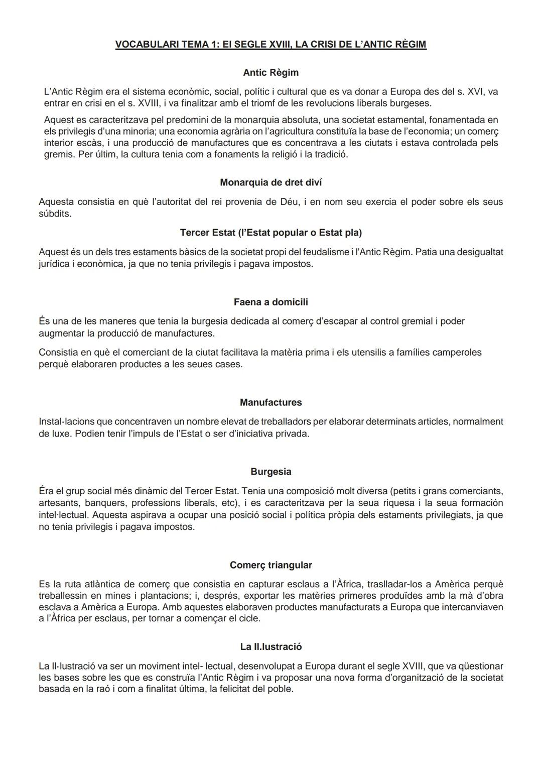 VOCABULARI TEMA 1: EI SEGLE XVIII, LA CRISI DE L'ANTIC RÈGIM
Antic Règim
L'Antic Règim era el sistema econòmic, social, polític i cultural q