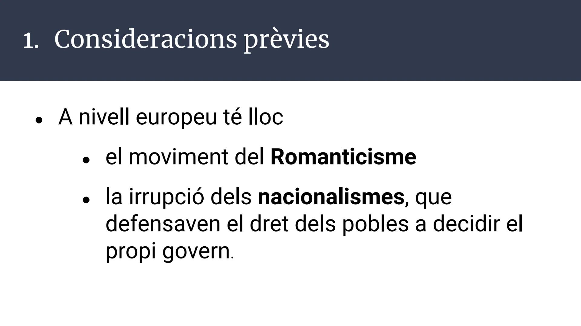 Unitat 3.
El catalanisme polític
(1833-1901)
C
Història d'Espanya; 2n Batxillerat Índex
1. Consideracions prèvies
2. Els fonaments culturals