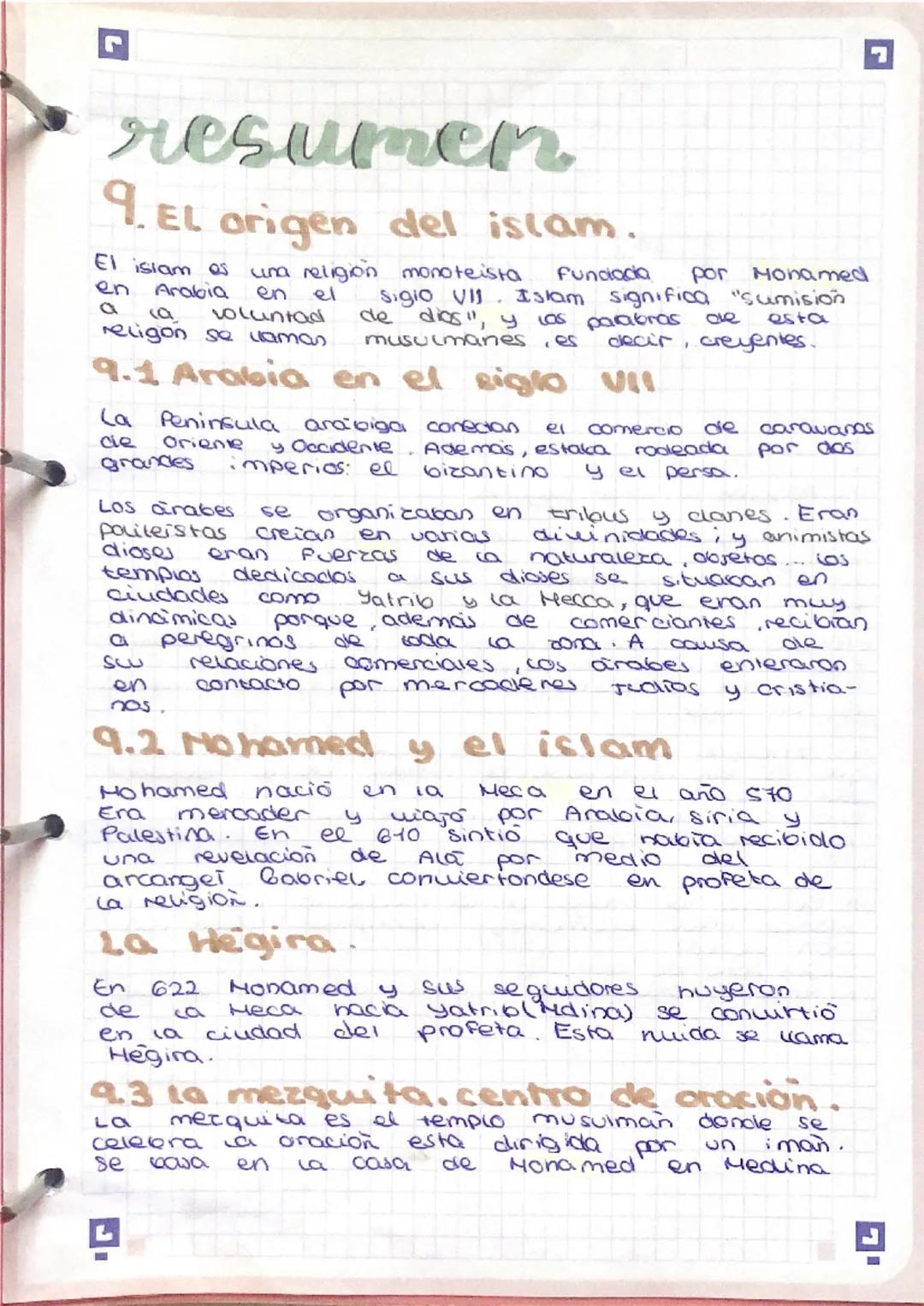 # resumen
9.El origen del islam.
El islam es una religión monoteísta. Fundada por Mohamed en Arabia en el siglo VII. Islam significa "sumis