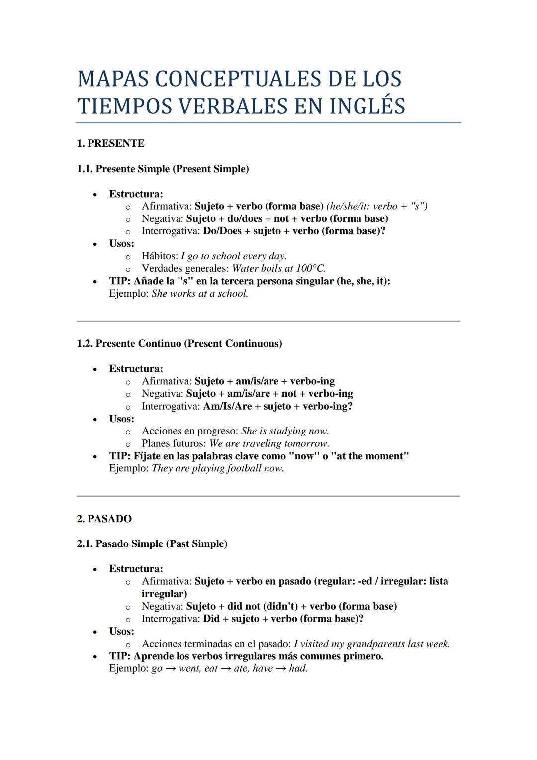 --- OCR Start ---
MAPAS CONCEPTUALES DE LOS
TIEMPOS VERBALES EN INGLÉS
1. PRESENTE
1.1. Presente Simple (Present Simple)
Estructura:
• Afirm