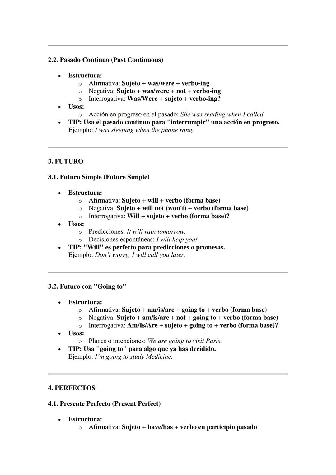 --- OCR Start ---
MAPAS CONCEPTUALES DE LOS
TIEMPOS VERBALES EN INGLÉS
1. PRESENTE
1.1. Presente Simple (Present Simple)
Estructura:
• Afirm