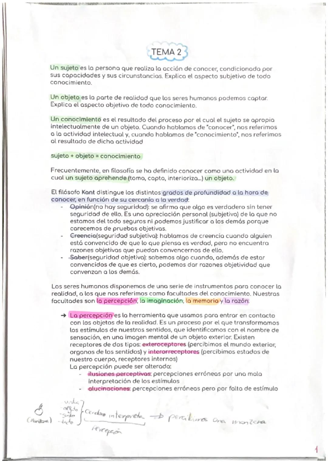 TEMA 2
Un sujeto es la persona que realiza la acción de conocer, condicionada por
sus capacidades y sus circunstancias. Explica el aspecto s
