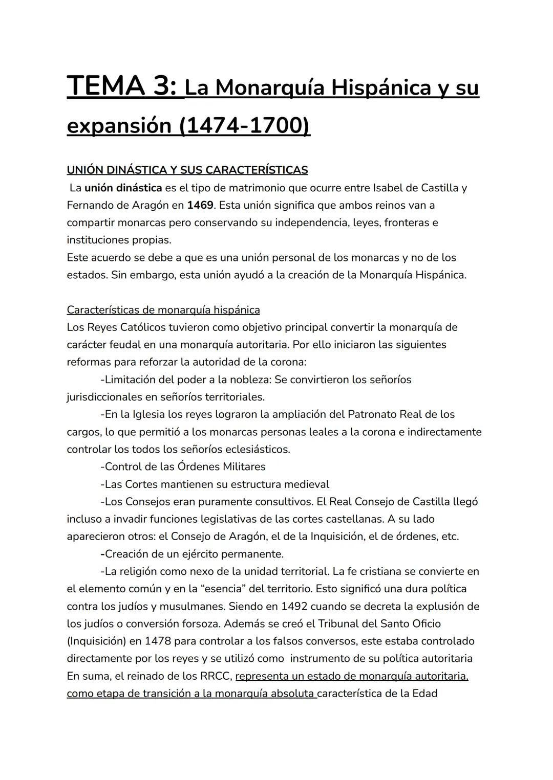 TEMA 3: La Monarquía Hispánica y su
expansión (1474-1700)
UNIÓN DINÁSTICA Y SUS CARACTERÍSTICAS
La unión dinástica es el tipo de matrimonio