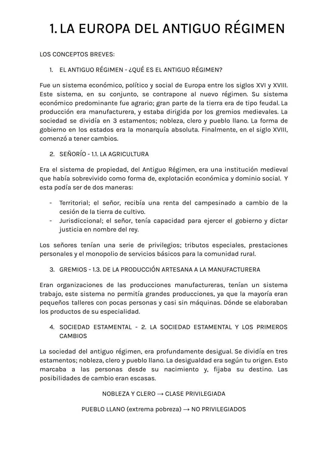 1. LA EUROPA DEL ANTIGUO RÉGIMEN
LOS CONCEPTOS BREVES:
1. EL ANTIGUO RÉGIMEN - ¿QUÉ ES EL ANTIGUO RÉGIMEN?
Fue un sistema económico, polític