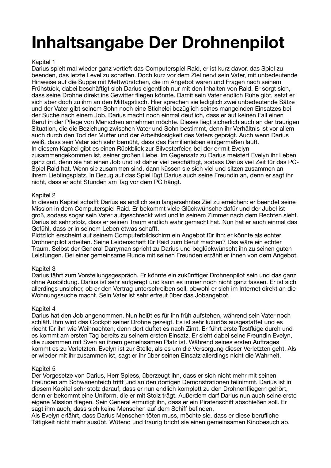 # Inhaltsangabe Der Drohnenpilot
Kapitel 1
Darius spielt mal wieder ganz vertieft das Computerspiel Raid, er ist kurz davor, das Spiel zu