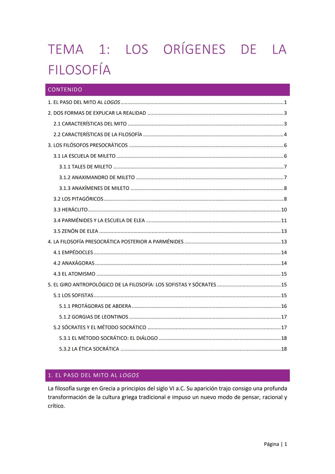 TEMA 1: LOS ORÍGENES DE
FILOSOFÍA
CONTENIDO
1. EL PASO DEL MITO AL LOGOS.
2. DOS FORMAS DE EXPLICAR LA REALIDAD
2.1 CARACTERÍSTICAS DEL MITO