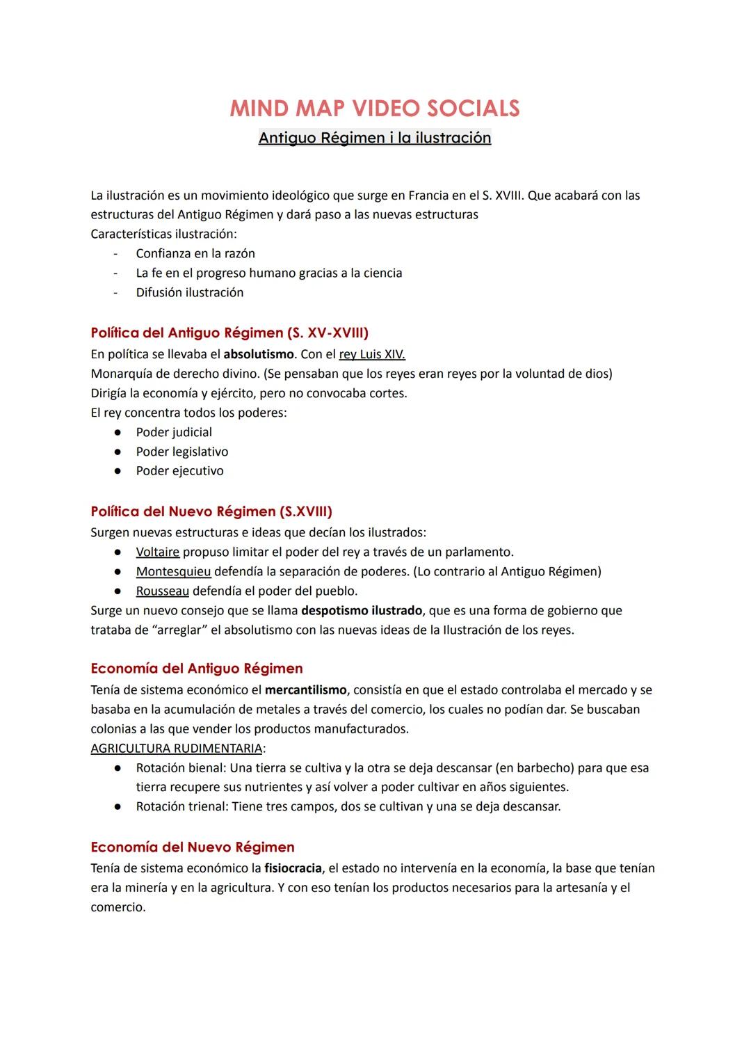 MIND MAP VIDEO SOCIALS
Antiguo Régimen i la ilustración
La ilustración es un movimiento ideológico que surge en Francia en el S. XVIII. Que
