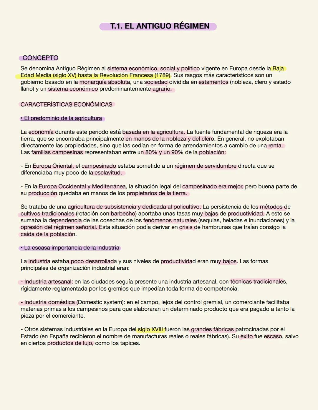 T.1. EL ANTIGUO RÉGIMEN
CONCEPTO
Se denomina Antiguo Régimen al sistema económico, social y político vigente en Europa desde la Baja
Edad Me