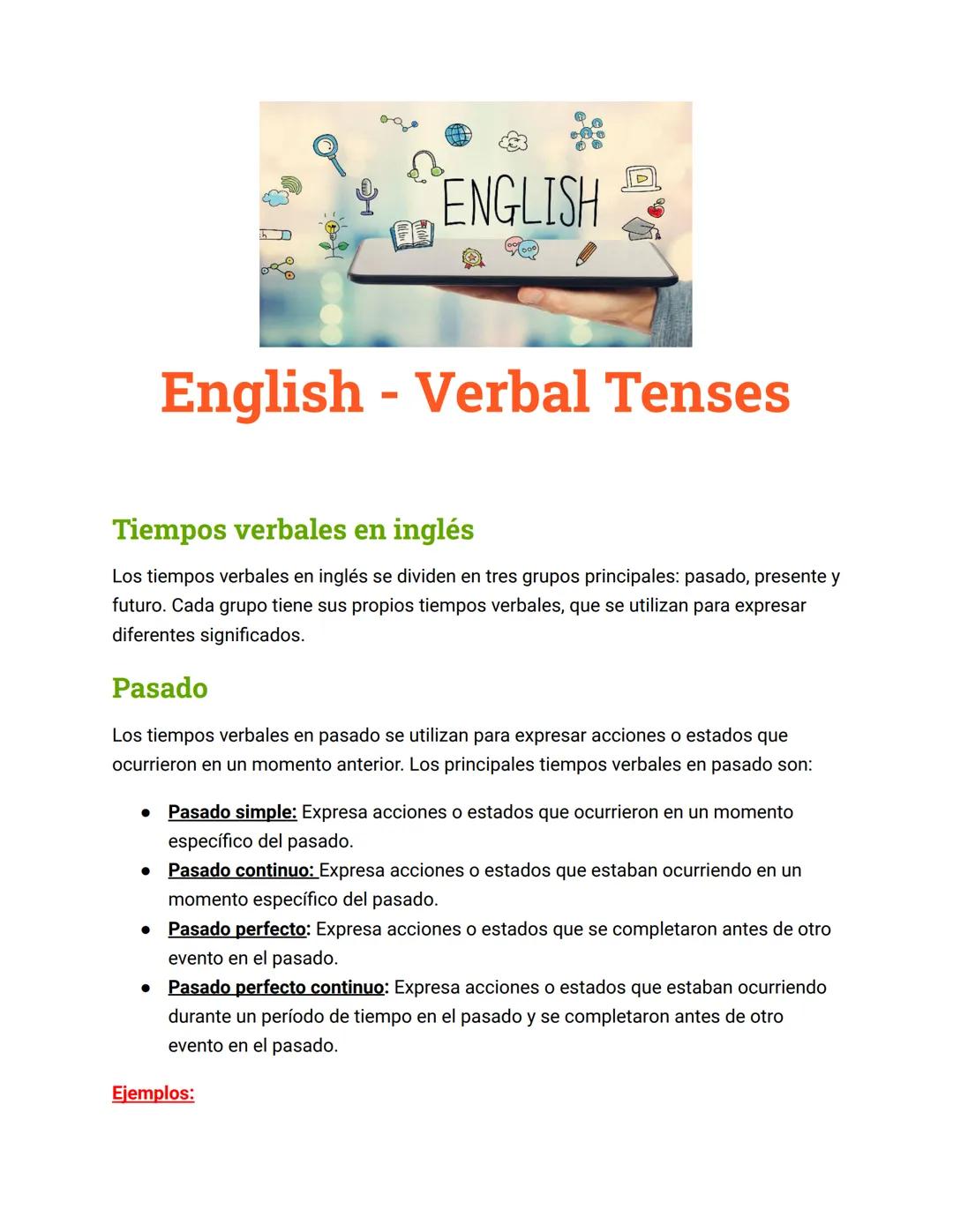 6
J
O
Ejemplos:
F
ENGLISH
English - Verbal Tenses
Tiempos verbales en inglés
Los tiempos verbales en inglés se dividen en tres grupos princi