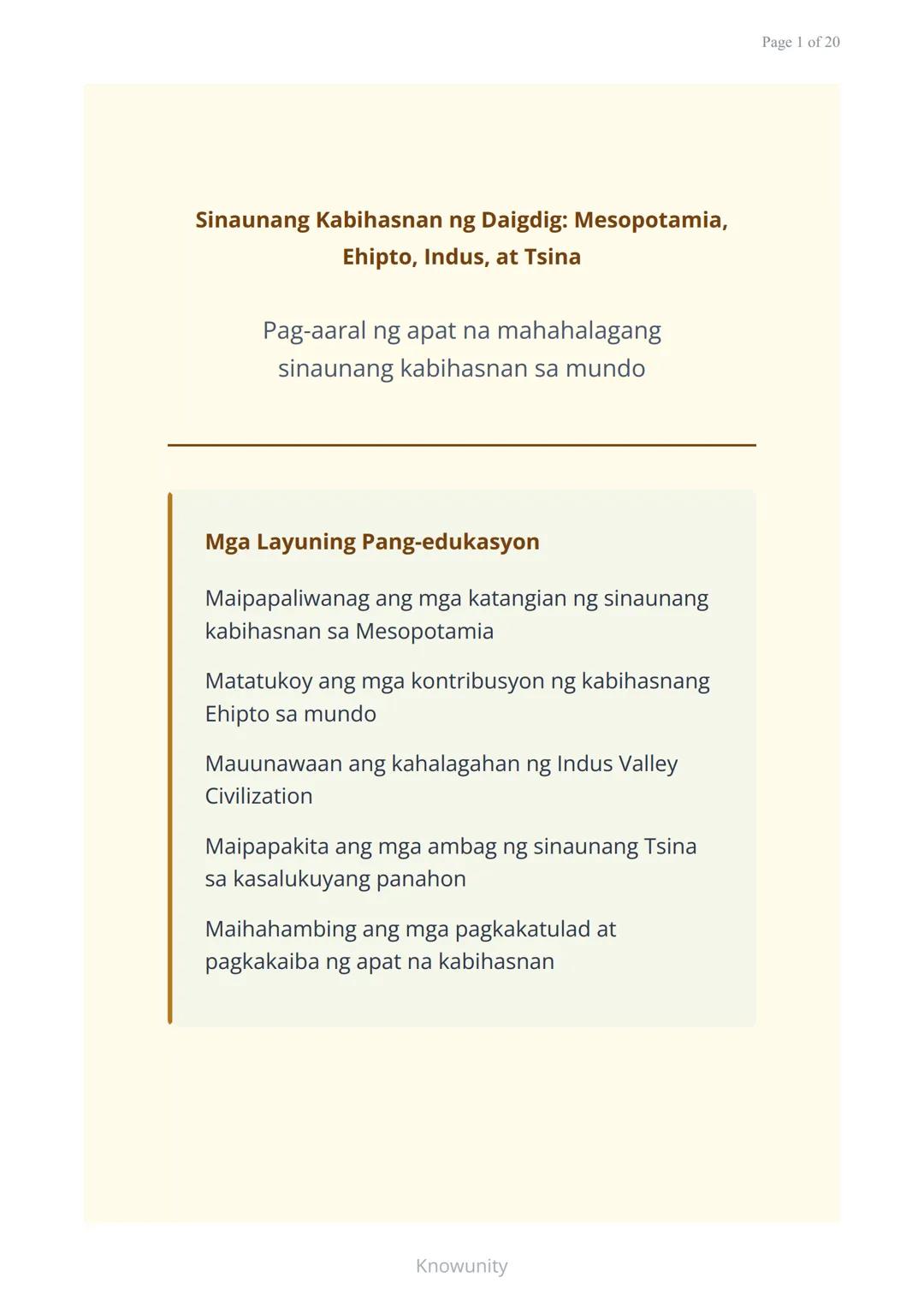 # Sinauang Kabihasnan ng Daigdig: Mesopotamia, Ehipto, Indus, at Tsina
Pag-aaral ng apat na mahahalagang sinaunang kabihasnan sa mundo
##
