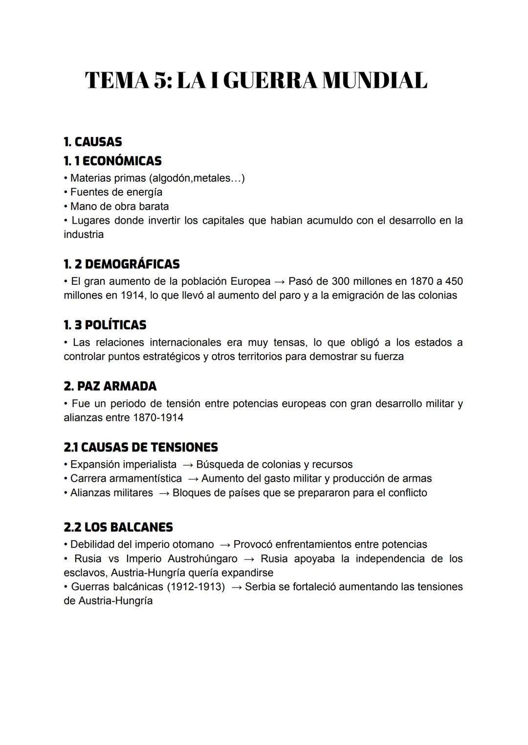 TEMA 5: LA I GUERRA MUNDIAL
1. CAUSAS
1. 1 ECONÓMICAS
• Materias primas (algodón, metales...)
• Fuentes de energía
• Mano de obra barata
• L