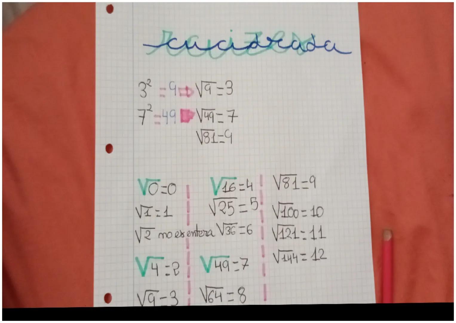 مهم ومنس
32 - 12
- 3
7.49. V9 - 7
V81-4
VO-0
46-4 V81-9
125 - 5 V100 - 10
VI-1
√2 no es entera V36=6 | √121-11
V444 - 42
V-2 V49-7
6-3 64-8